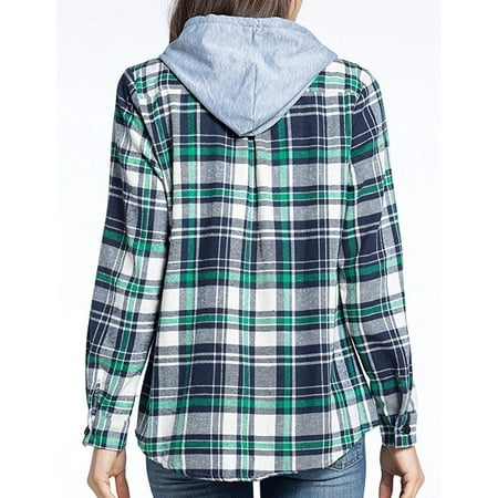 BomDeals Womens Classic Plaid Cotton Hoodie Button-up Flannel Shirts